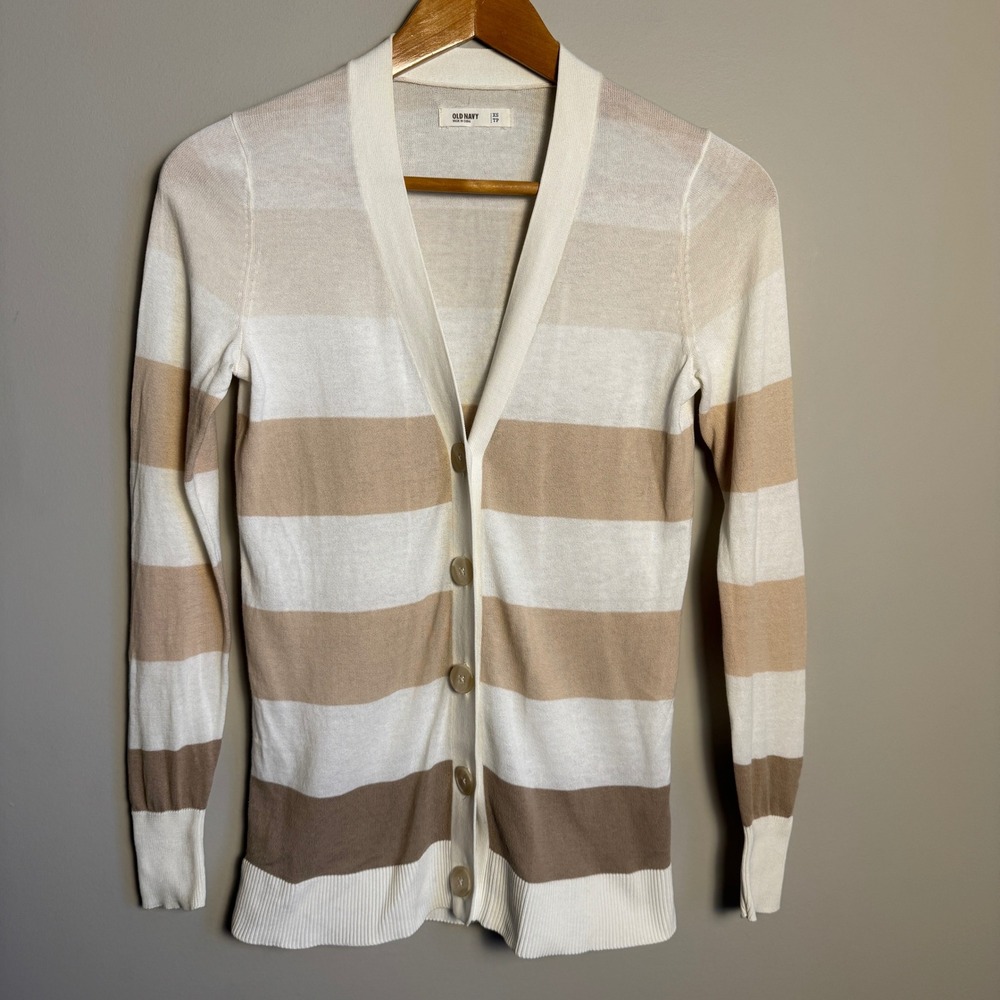 Old Navy Womens Striped Button Up Cardigan Sweater Beige White Tan‎ XS Preppy